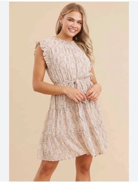 Women's Cream Floral Tie-Waist Dress